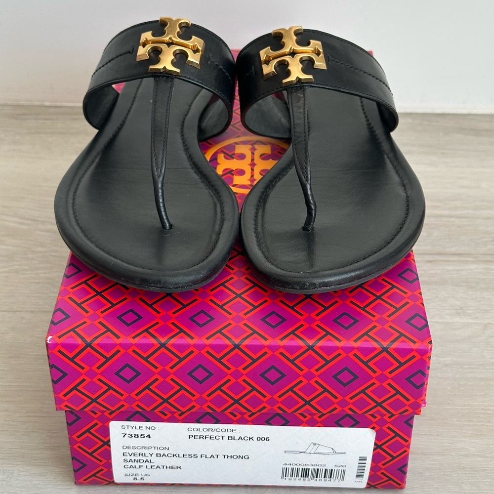 Tory Burch Black Leather Miller Thong Sandals with Gold Logo